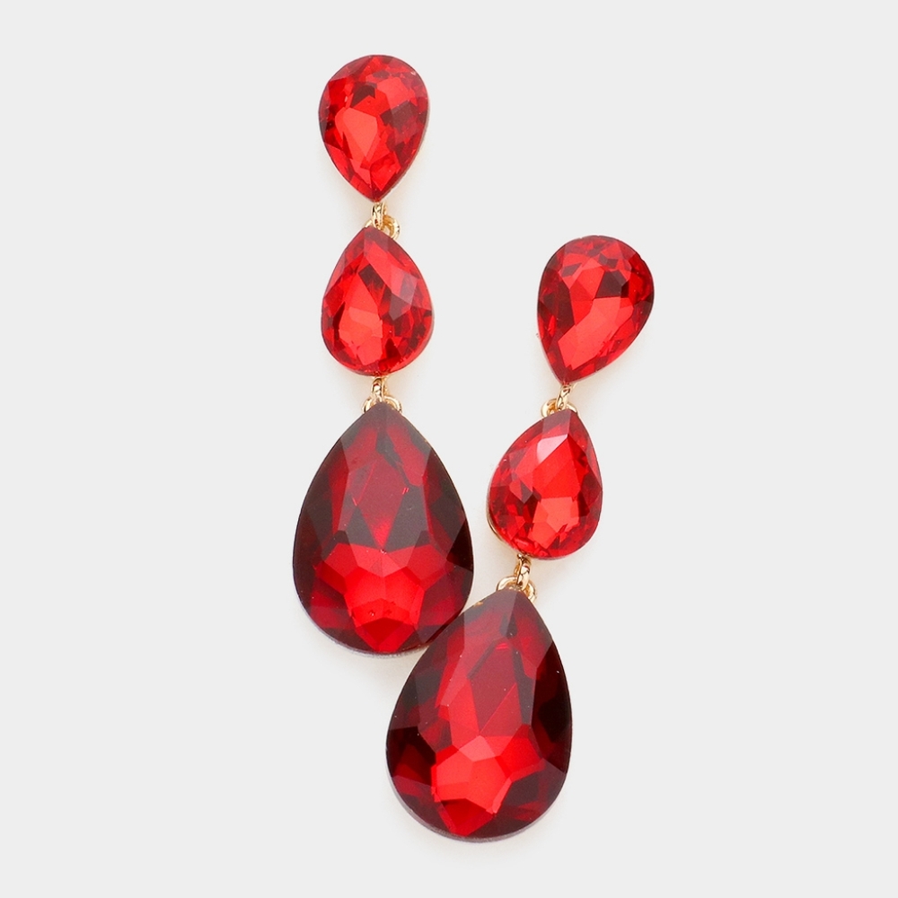 Red Dangle Crystal Earrings 2.75 Inch Triple Tear Drop Jewelry